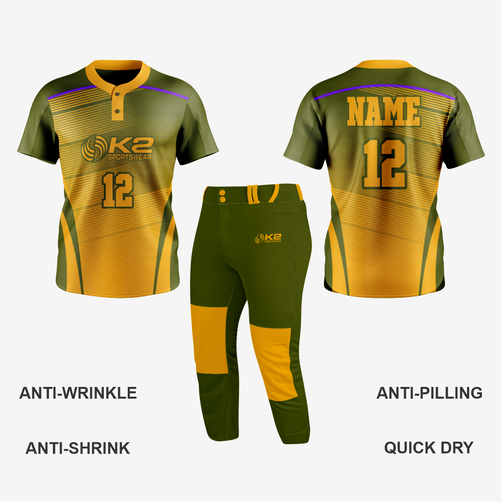 Custom Softball 2 Button Jersey/Pant in Army Green/Gold