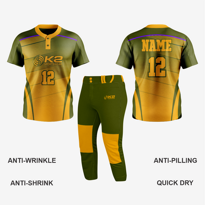 Custom Softball 2 Button Jersey/Pant in Army Green/Gold