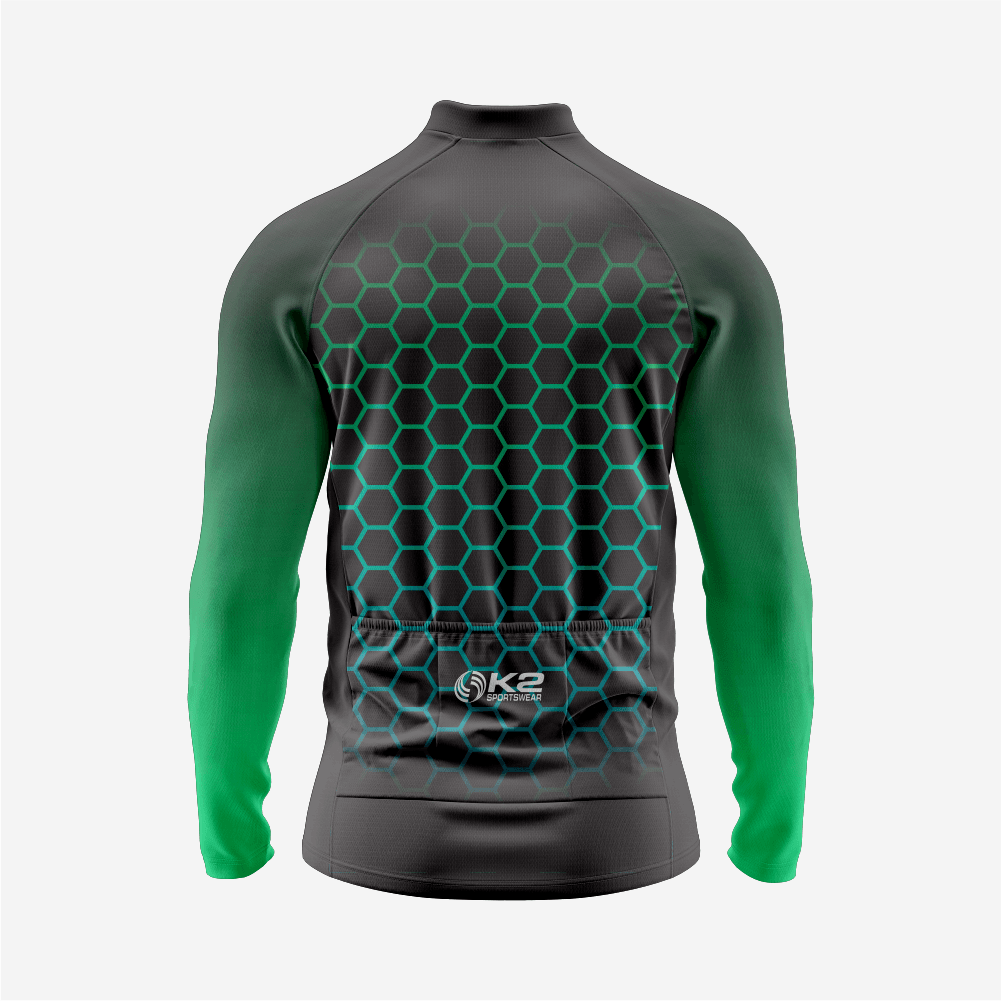 Men's Black Green Long Sleeve Cycling Jersey| Breathable Hex Print Bike Jersey - K2 Sportswear | Custom Sports Uniforms & Apparels - K2 Sportswear