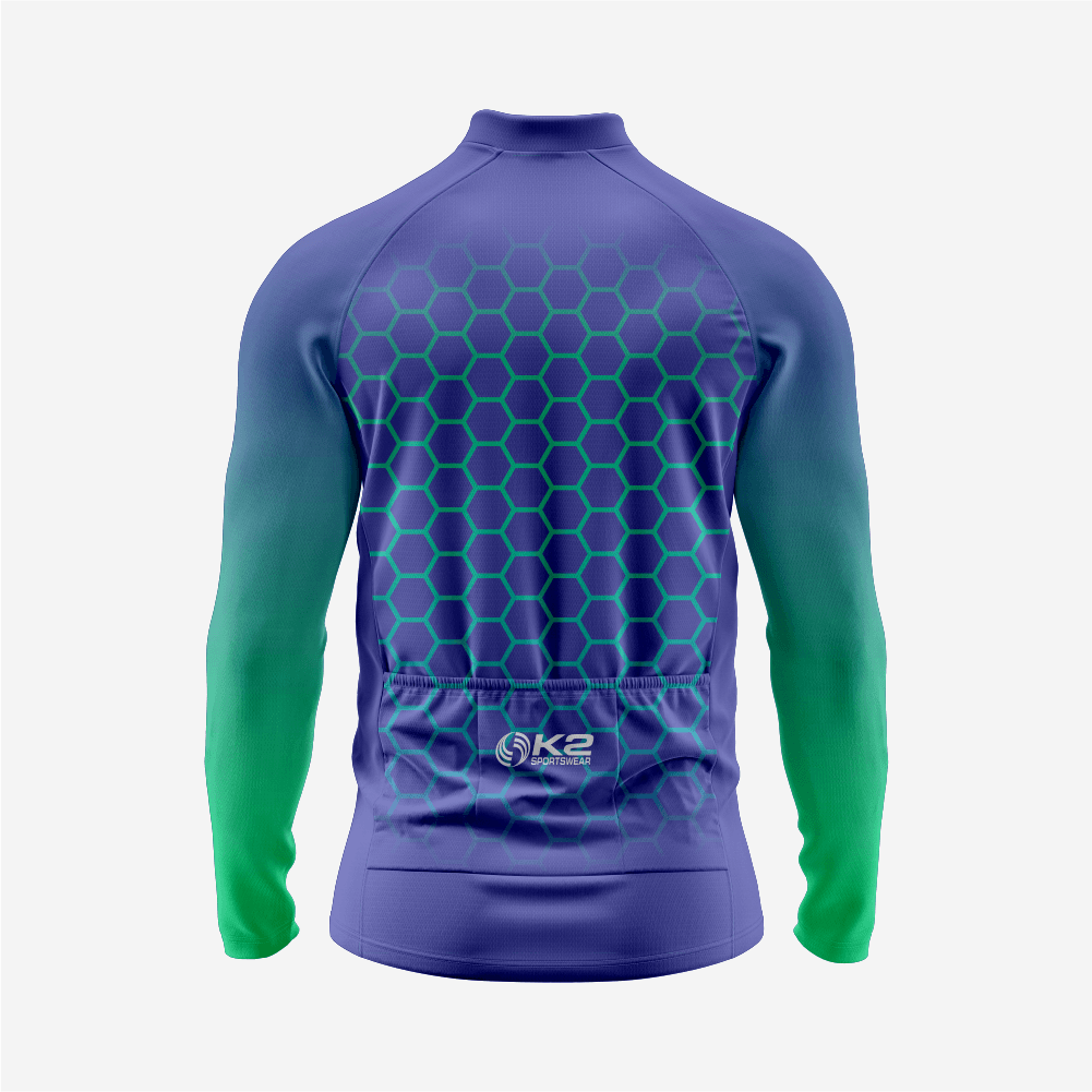 Men's Midnight Blue Long Sleeve Cycling Jersey| Breathable Hex Print Bike Jersey - K2 Sportswear | Custom Sports Uniforms & Apparels - K2 Sportswear