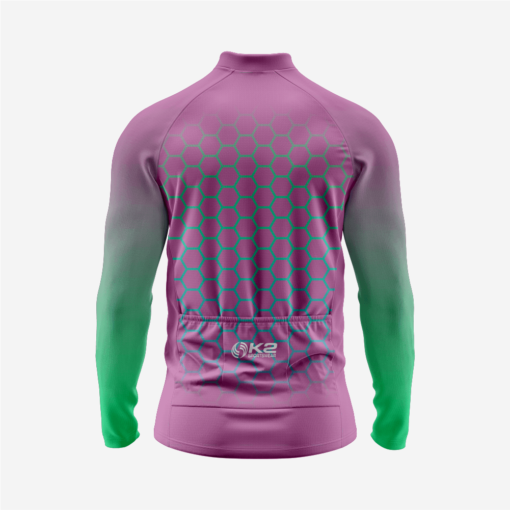 Full Zip Long Sleeve Cycling Jersey for Men | Hexagon Dark Purple Bike Shirt - K2 Sportswear | Custom Sports Uniforms & Apparels - K2 Sportswear