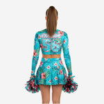 Personalized Pacific Blue Cheer Uniform - Long Sleeve Crop Top Skirt Competition Set