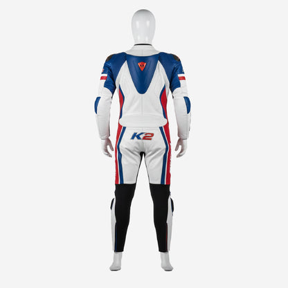 Personalized Motorbike Leather Suit in White & Blue - Custom Racing One Piece Track Suit