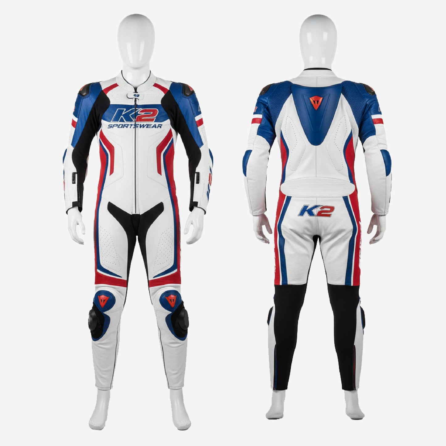 Personalized Motorbike Leather Suit in White & Blue - Custom Racing One Piece Track Suit