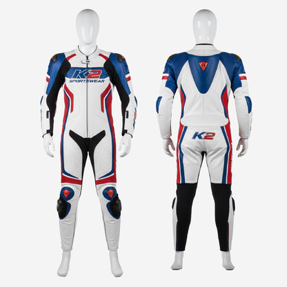 Personalized Motorbike Leather Suit in White & Blue - Custom Racing One Piece Track Suit