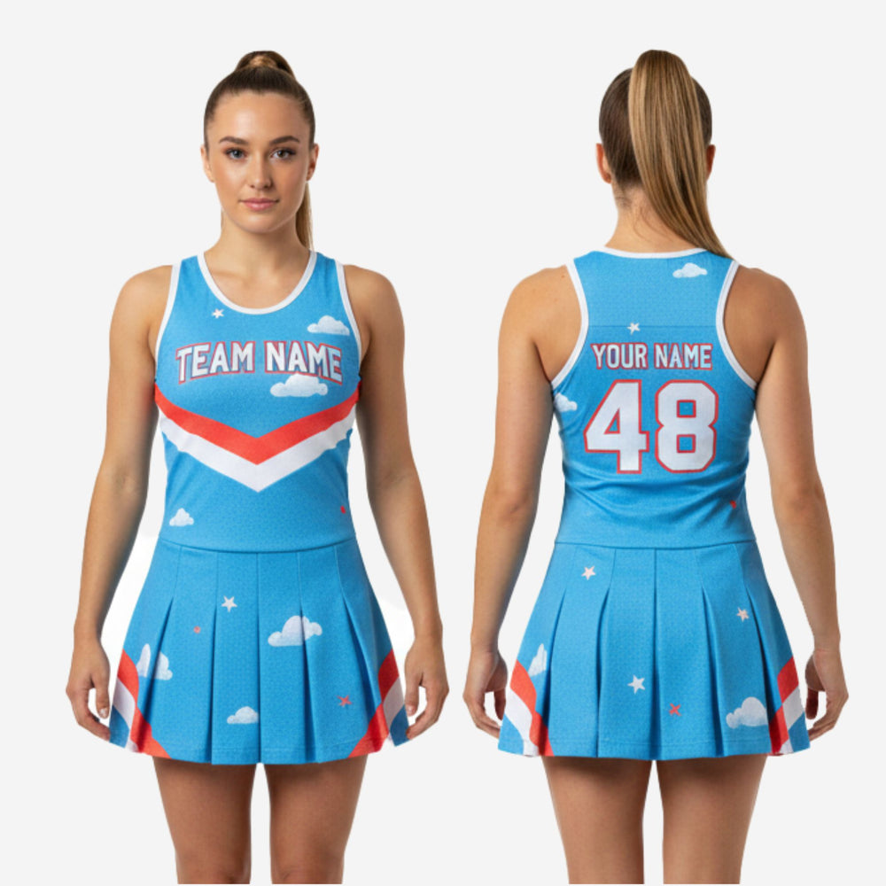 Custom Cheerleading Uniform Dress - Bright Blue Chevron Sleeveless Design