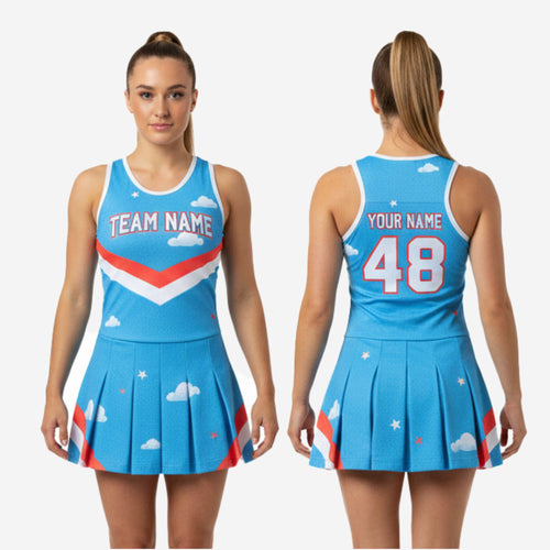 Custom Cheerleading Uniform Dress - Bright Blue Chevron Sleeveless Design