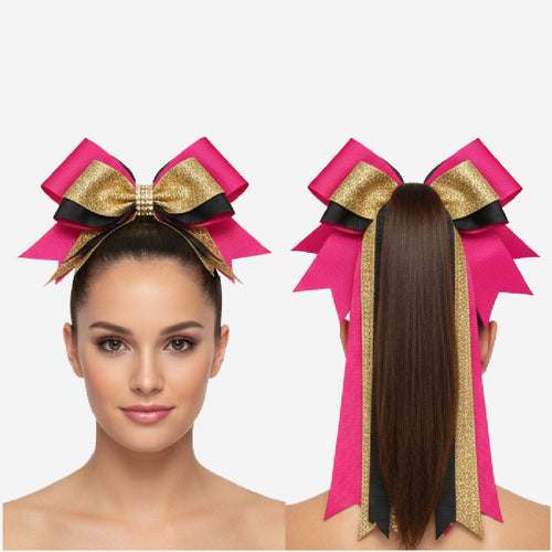 Custom Cheerleading Hair Bow in Pink Gold - Cheer Bow with Streamers