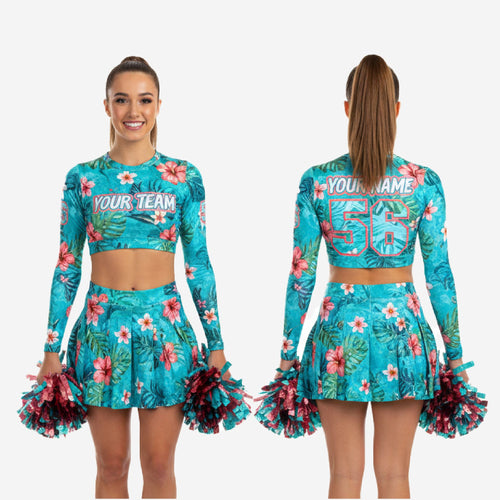 Personalized Pacific Blue Cheer Uniform - Long Sleeve Crop Top Skirt Competition Set
