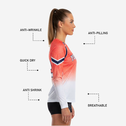 Custom Printed Cheer Practice Jersey - Orange White Long Sleeve Shell