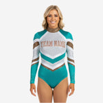 Personalized Cheer Bodysuit - Tiffany Blue Glitter High Neck Design