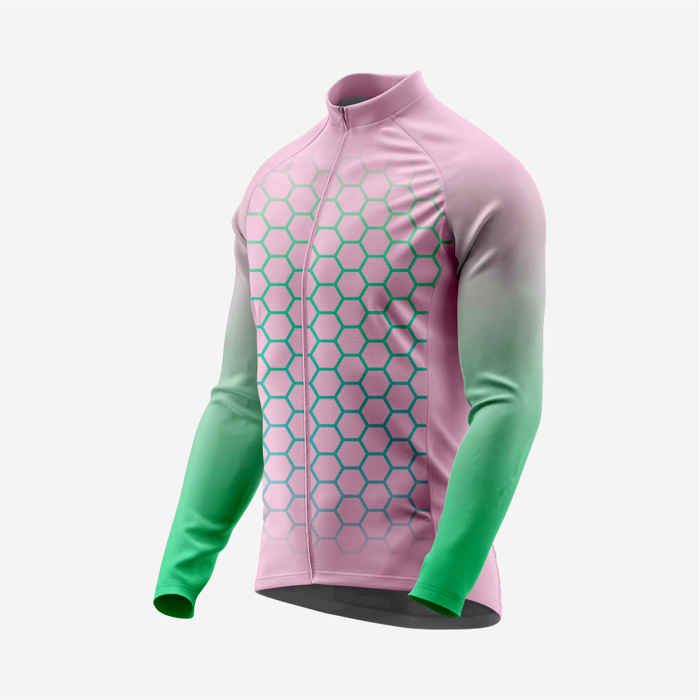 Full Zip Pink Green Long Sleeve Cycling Jersey for Men | Hexagon Bike Shirt - K2 Sportswear | Custom Sports Uniforms & Apparels - K2 Sportswear