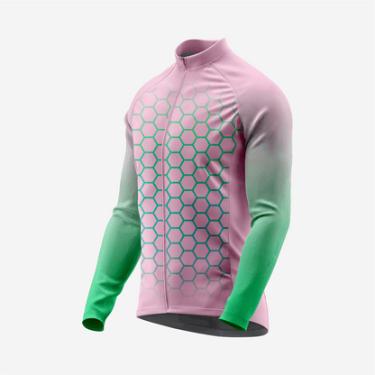 Full Zip Pink Green Long Sleeve Cycling Jersey for Men | Hexagon Bike Shirt - K2 Sportswear | Custom Sports Uniforms & Apparels - K2 Sportswear