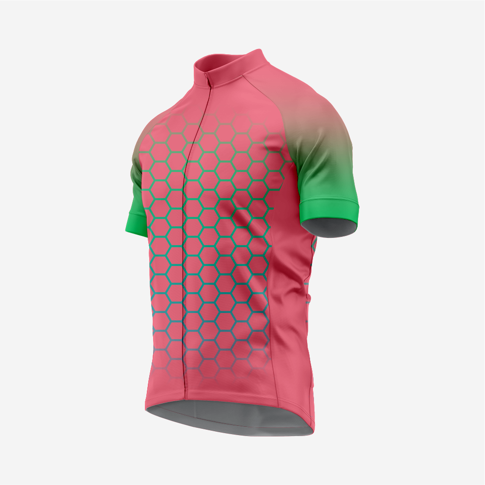 Short Sleeve Candy Pink Cycling Jersey Men | Hexagon Pattern Bike Shirt