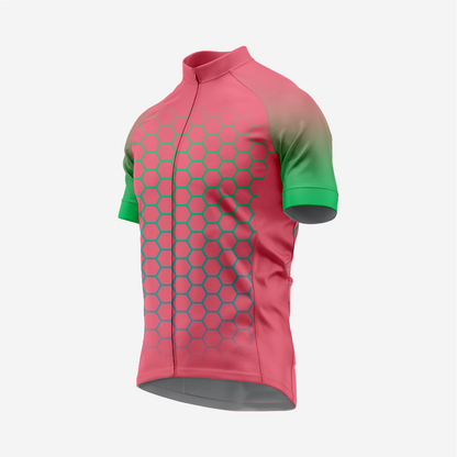 Short Sleeve Candy Pink Cycling Jersey Men | Hexagon Pattern Bike Shirt