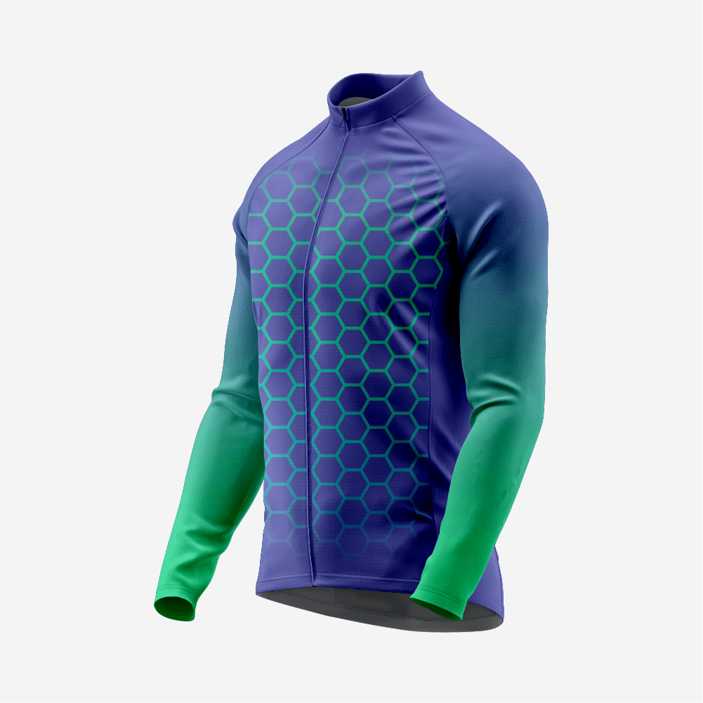 Men's Midnight Blue Long Sleeve Cycling Jersey| Breathable Hex Print Bike Jersey - K2 Sportswear | Custom Sports Uniforms & Apparels - K2 Sportswear