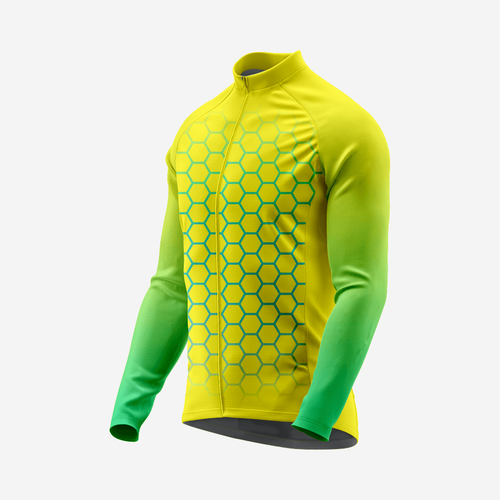 Yellow & Green Men's Long Sleeve Cycling Jersey| Breathable Hex Print Bike Jersey - K2 Sportswear | Custom Sports Uniforms & Apparels - K2 Sportswear