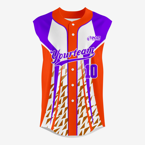 Custom Orange/Purple Sleeveless Full Button Softball Jersey – Pro Fit - K2 Sportswear | Custom Sports Uniforms & Apparels - K2 Sportswear