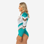 Personalized Cheer Bodysuit - Tiffany Blue Glitter High Neck Design
