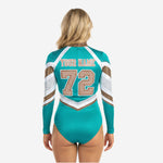 Personalized Cheer Bodysuit - Tiffany Blue Glitter High Neck Design