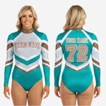 Personalized Cheer Bodysuit - Tiffany Blue Glitter High Neck Design