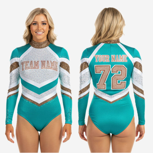 Personalized Cheer Bodysuit - Tiffany Blue Glitter High Neck Design