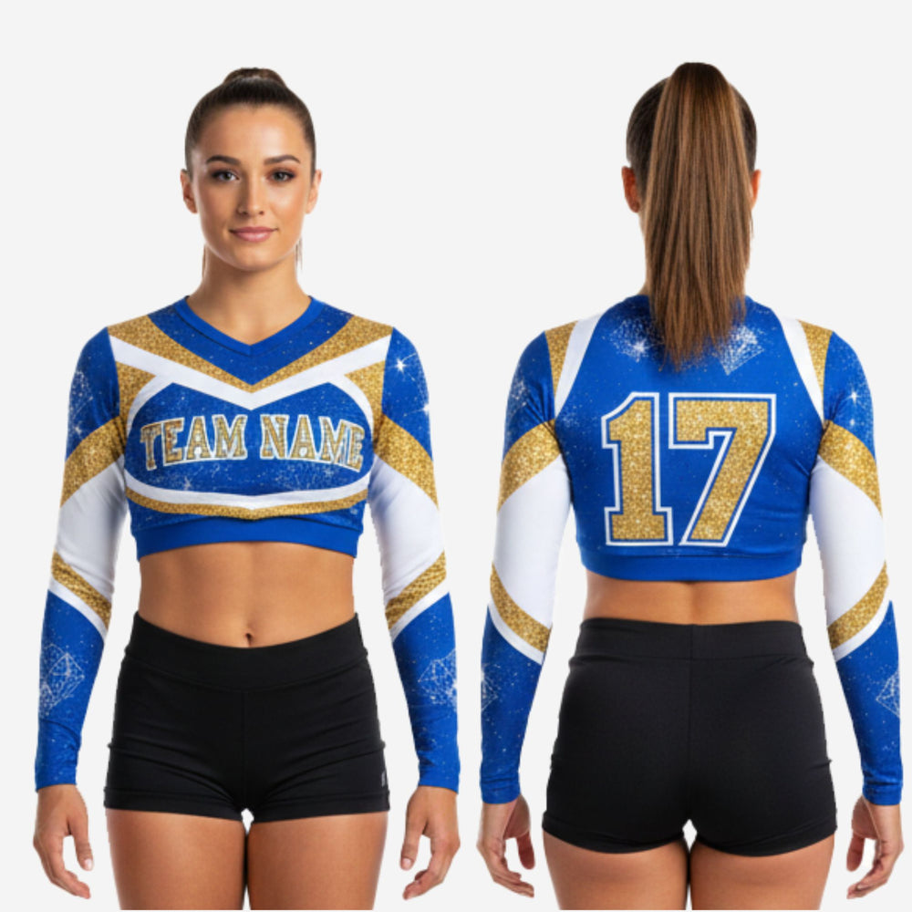 Blue & Gold Cheer Uniform Top - Personalized Team Name & Player Number