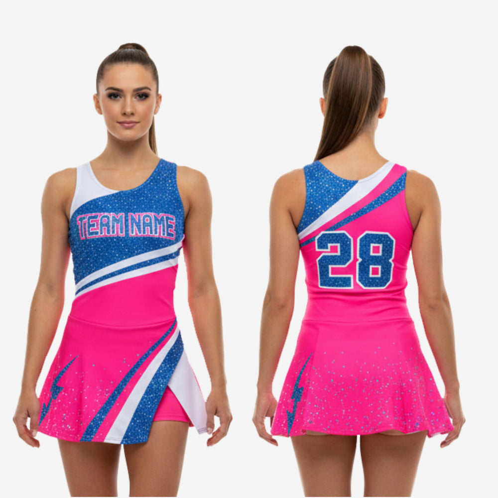 Custom Cheerleading Uniform Dress - Pink Blue Chevron Sleeveless Design