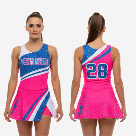 Custom Cheerleading Uniform Dress - Pink Blue Chevron Sleeveless Design