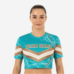 Custom Cheerleading Crop Top with Name & Number - Teal Gold Marble Print Uniform