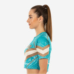 Custom Cheerleading Crop Top with Name & Number - Teal Gold Marble Print Uniform