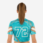 Custom Cheerleading Crop Top with Name & Number - Teal Gold Marble Print Uniform