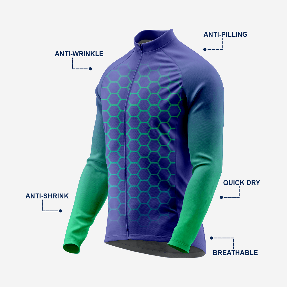 Men's Midnight Blue Long Sleeve Cycling Jersey| Breathable Hex Print Bike Jersey - K2 Sportswear | Custom Sports Uniforms & Apparels - K2 Sportswear