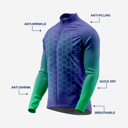 Men's Midnight Blue Long Sleeve Cycling Jersey| Breathable Hex Print Bike Jersey - K2 Sportswear | Custom Sports Uniforms & Apparels - K2 Sportswear