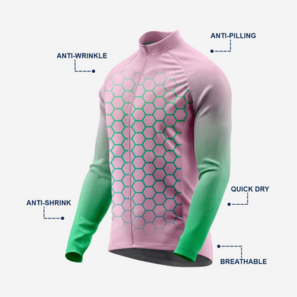 Full Zip Pink Green Long Sleeve Cycling Jersey for Men | Hexagon Bike Shirt - K2 Sportswear | Custom Sports Uniforms & Apparels - K2 Sportswear