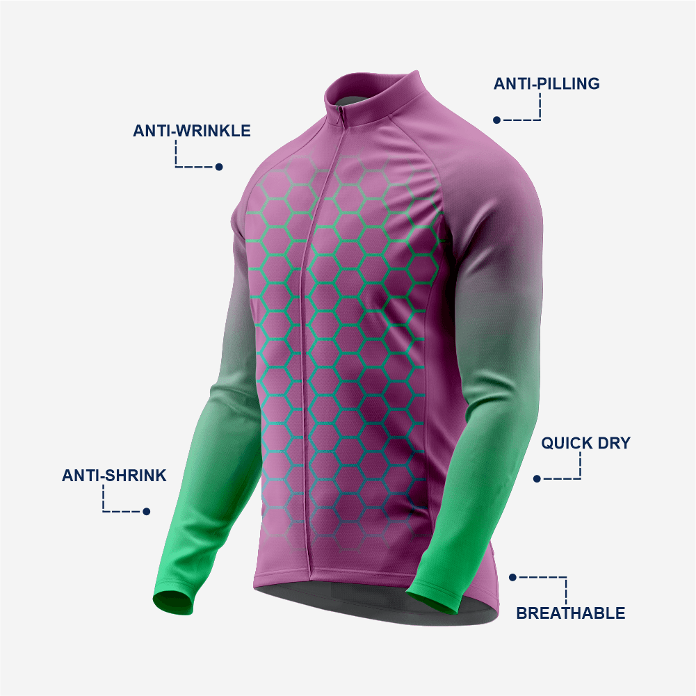 Full Zip Long Sleeve Cycling Jersey for Men | Hexagon Dark Purple Bike Shirt - K2 Sportswear | Custom Sports Uniforms & Apparels - K2 Sportswear