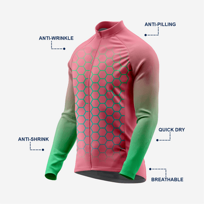 Full Zip Long Sleeve Cycling Jersey for Men | Hexagon Candy Pink Bike Shirt - K2 Sportswear | Custom Sports Uniforms & Apparels - K2 Sportswear