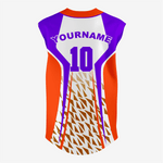 Custom Orange/Purple Sleeveless Full Button Softball Jersey – Pro Fit - K2 Sportswear | Custom Sports Uniforms & Apparels - K2 Sportswear