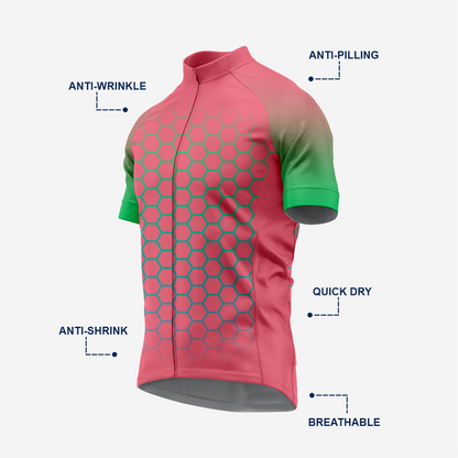 Short Sleeve Candy Pink Cycling Jersey Men | Hexagon Pattern Bike Shirt