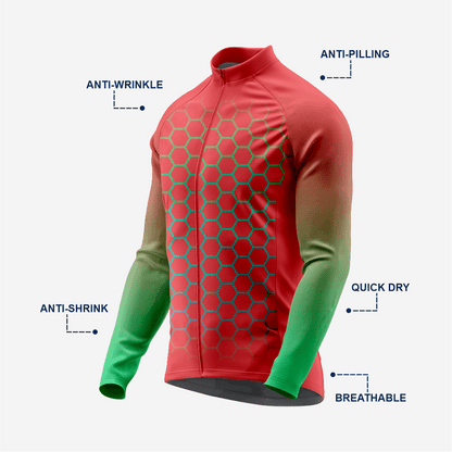 Men's Long Sleeve Cycling Jersey Red | Breathable Hex Print Bike Jersey - K2 Sportswear | Custom Sports Uniforms & Apparels - K2 Sportswear