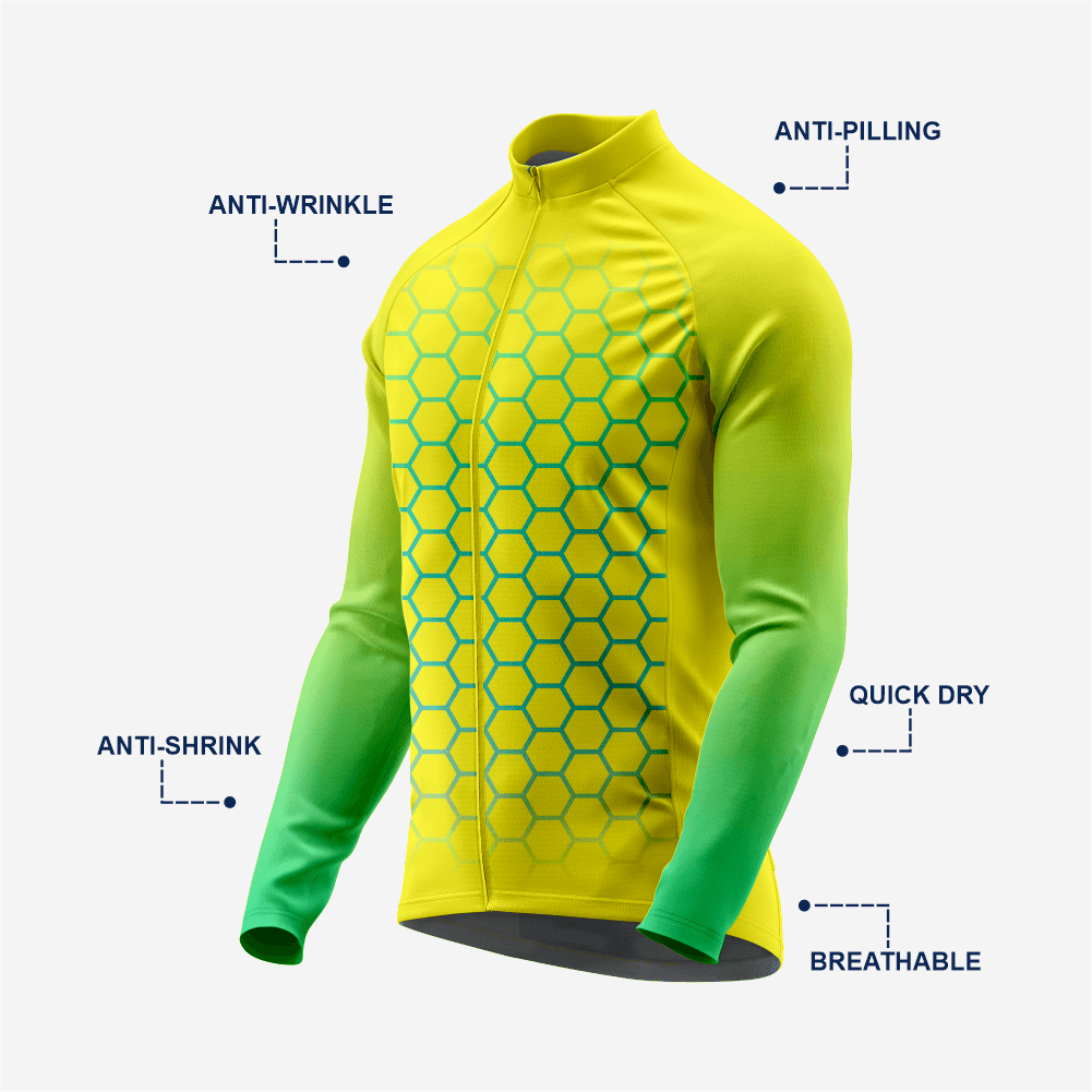 Yellow & Green Men's Long Sleeve Cycling Jersey| Breathable Hex Print Bike Jersey - K2 Sportswear | Custom Sports Uniforms & Apparels - K2 Sportswear