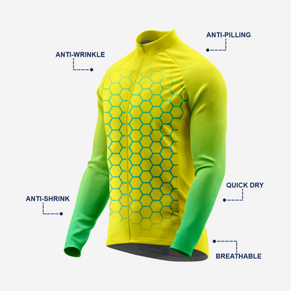Yellow & Green Men's Long Sleeve Cycling Jersey| Breathable Hex Print Bike Jersey - K2 Sportswear | Custom Sports Uniforms & Apparels - K2 Sportswear