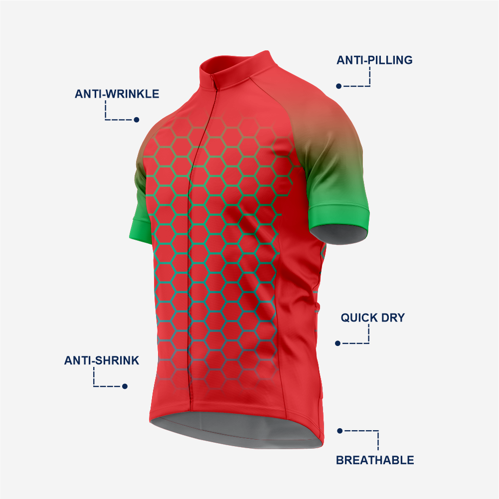 Men's Short Sleeve Red Cycling Jersey | Hexagon Print Performance Shirt