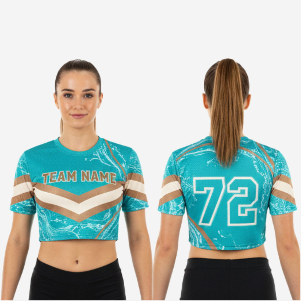 Custom Cheerleading Crop Top with Name & Number - Teal Gold Marble Print Uniform