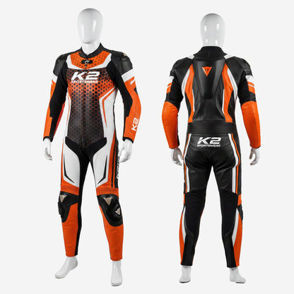 Personalized Motorbike Leather Suit in Orange & Black - Custom Racing One Piece Track Suit