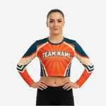 Custom Cheerleading Crop Top with Numbers - Orange Chevron Design Uniform