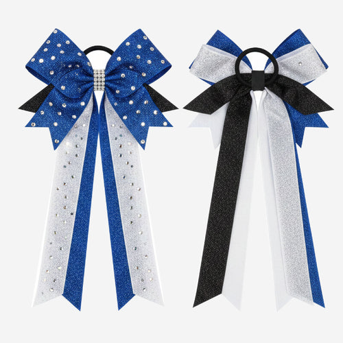 Blue Custom Cheerleading Bow - Rhinestone Hair Bow Ponytail Holder