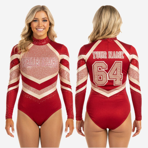 Personalized Cheer Bodysuit - Red Glitter High Neck Design
