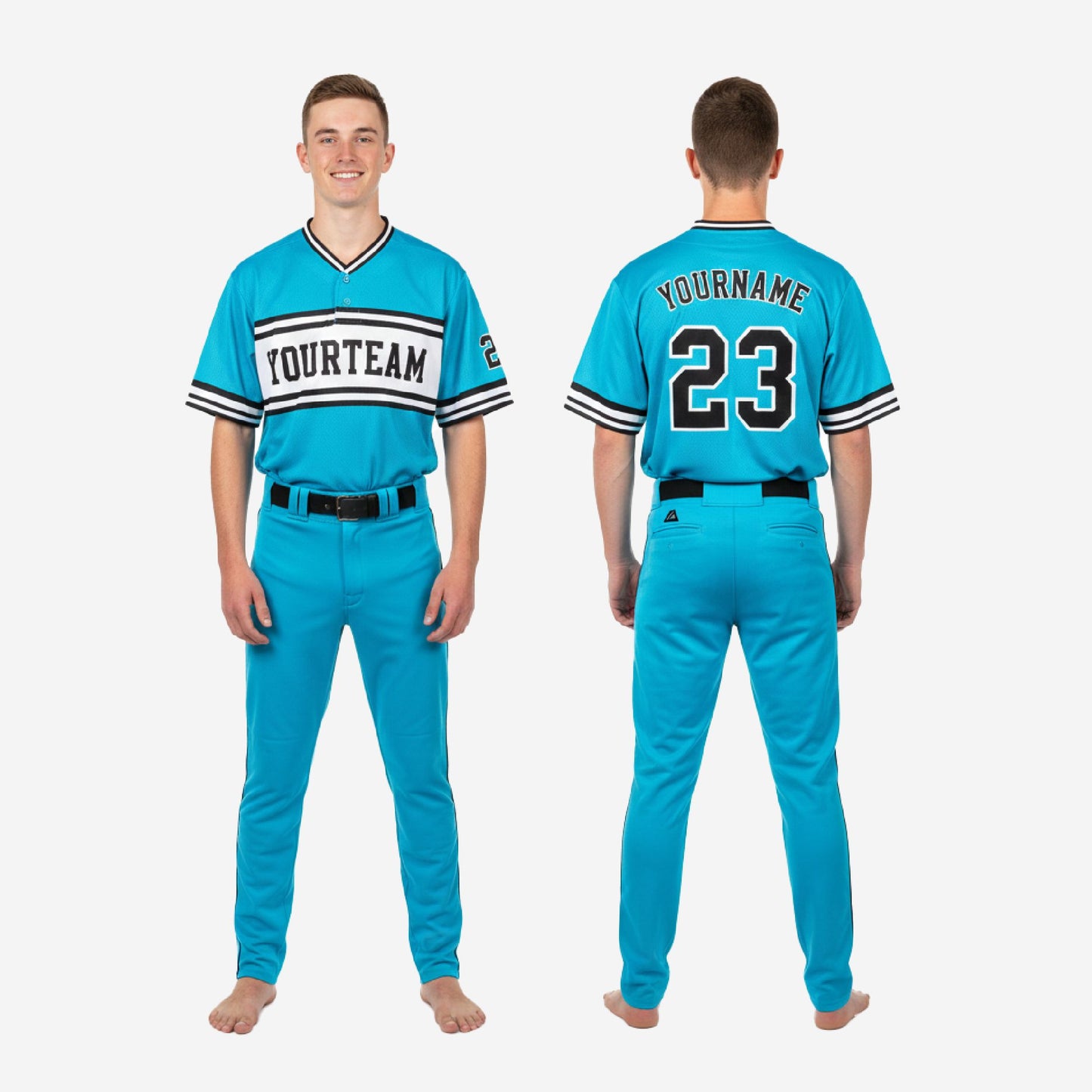 Custom Youth Baseball Uniform - V-Neck Jersey & Pants Team Name Set in Ball Blue