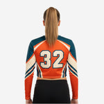 Custom Cheerleading Crop Top with Numbers - Orange Chevron Design Uniform